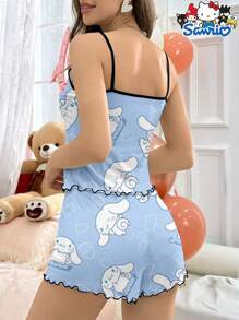 Sanrio 2 pezzi Set da pigiama con Hello Kitty, con maglietta con stampa di lettere a cartone animato e pantaloncini, abbigliamento comodo da casa
