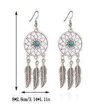 1 Pair Turquoise Leaf Pendant Earrings, Vintage Silver Turquoise Feather Dreamcatcher Pendant Necklace, Family Friend Gift, Metal