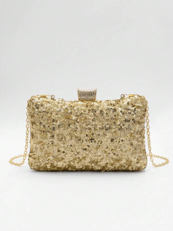 1pc Gold Sequin Clutch Bag With Rhinestone Decor, Elegant Pillow Shape Evening Bag With Chain, Suitable For Parties, Weddings, Galas, Formal Occasions - Great Gift For Mom, Girls