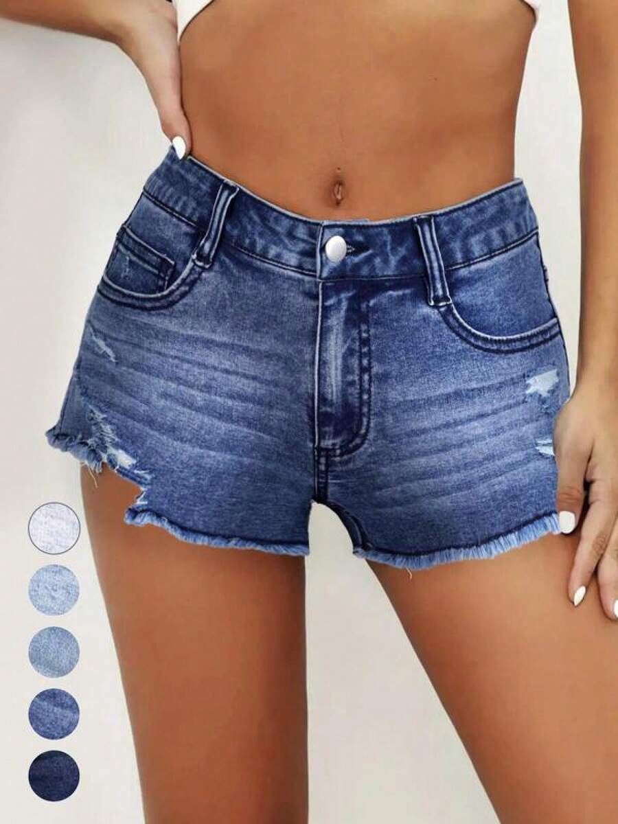 KWomen's Ripped Slash Pockets Vintage Denim Shorts, Womenswear Casual Raw Hem Jean Shorts For Daily Wear, Ladies Fall Jorts Bottoms, Stretchy Jeans, Jeans For Women, Pants For Women, Jeans, Y2K Clothing - 寶藍色 - 查看 1