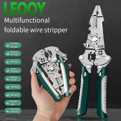 leooy Multi-Function Folding Electrician's Pliers - Titanium Steel Wire Stripper, Industrial Tool With Crimping, Clamping, Twisting, Nail Pulling And Screwdriver Functions - Compact Design For Easy Storage