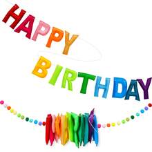 预穿生日快乐横幅、生日快乐横幅套装 - 毛毡球花环 - 生日快乐花环、彩虹生日装饰、生日快乐标志，用于生日装饰、派对装饰、摄影道具、1（生日）+ 24（绒球）