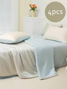 4pcs Bedding Set (1pc Duvet Cover + 1pc Flat Sheet + 2pcs Pillowcases, Without Filler), High-End Silky Satin Smooth Icy Silk Duvet Cover, White/Pastel Blue Minimalist Patchwork, Soft Breathable Wrinkle-Free, Can Be Slept On Directly, Luxury Hotel Style, Children's Dorm, Home Bedroom, Suitable For Spring And Summer