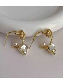 1 Paar vintage Herz & Perlen zarte Ohrringe für Frauen, kupferfarbene C-förmige goldfarbene Ohrstecker, luxuriöse, elegante, massive Ohrringe, geeignet für den täglichen Gebrauch, Hochzeit, Valentinstag, Muttertag, Geschenk