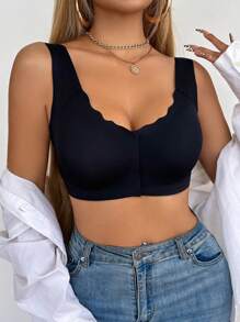 Sujetador sin aros de mujer, negro, sexy, con espalda de tirantes, cómodo, transpirable, con copas desmontables, sin costuras y cierre frontal