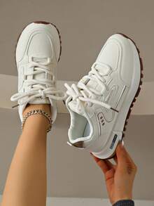 Women's Casual Sports Shoes, PU Leather, Lightweight Flat Walking Sneakers, Comfortable Style, Thick-Soled Chunky Sneakers - 米色 - 查看 3