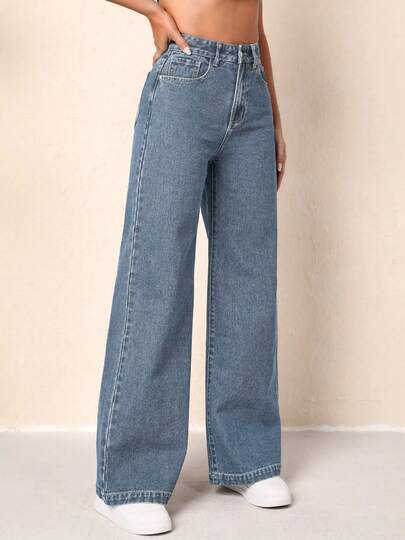 IDYLLIC Jeans de Pierna Ancha con Cintura Alta y Cordón para Mujer - Denim Elástico Suave, Ajuste Cómodo Azul Claro con Cinturilla Ajustable,