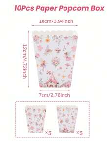 10pcs Flower Fairy Pattern Paper Popcorn Box, Popcorn Cups, Food Snack Box, Wedding Birthday Babe Shower Party Disposable Tableware, Suitable For Multiple Themes Holiday Party Picnic Camping, Home Kitchen Restaurant Table Supplies