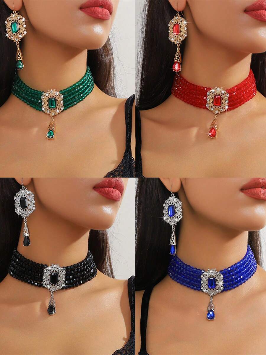 1pc High-End Fashion Women's Geometric Square Fuchsia, Green, White, Black Crystal Beads Necklace And 1 Pair Geometric Square Fuchsia, Green, White, Black Crystal Earrings Set, Versatile For Evening Gown And Daily Wear - Multi-layer Crystal Water Drop Pendant Set Of Two - View 1