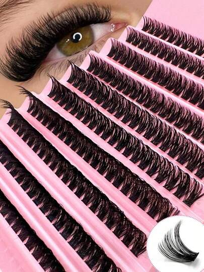 200pcs 80D Fluffy Curled C-Curl False Eyelashes, 8-16mm Mixed Size, DIY Eyelash Extension Kit, DIY Lower Lashes, Eyelash Tutorial Booklet, Large Capacity Soft Individual Lash Clusters, Create Fluffy Natural Y2K Butterfly Effect Pink Base Card, Easy DIY Lashes At Home