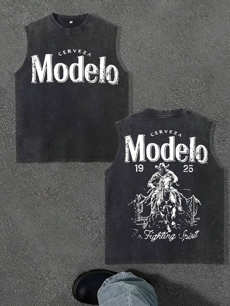 Modelo  Front And Back Prints  New Men's Premium Printed 230G Heavy Pure Cotton Washed And Aged Waistcoat Sleeveless Vest Men's T-Shirt, Summer Casual T-Shirt Casual T-Shirt - 黑色 - 查看 1