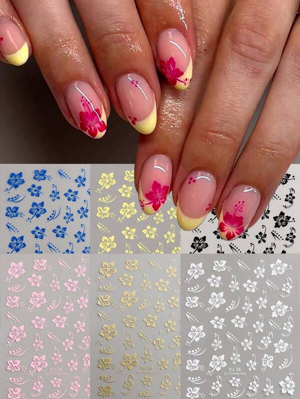 Adesivos de unha 3D de flor de hibisco, flor de cerejeira, floral, branco/preto/dourado/azul, pétalas, decalques para arte em unhas, pontas de manicure, decoração, adesivo de estrela Y2K, suprimentos para arte em unhas, decalque para mulheres, suprimentos para unhas, decoração de manicure faça você mesmo
