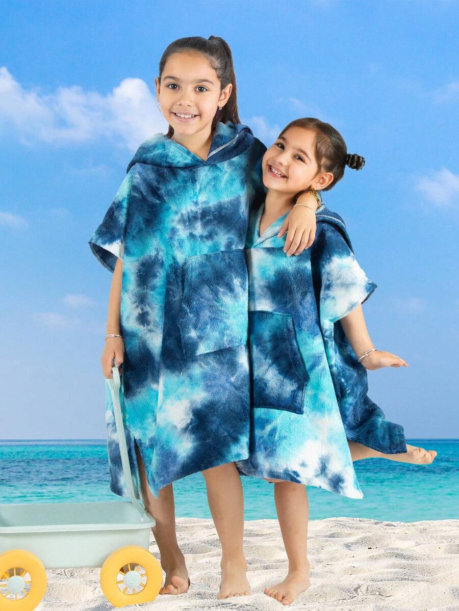SHENG CHUN 1pc Beach Towel, Swimming Hooded Poncho With Pocket, Handmade Tie-Dye Bathrobe, Random Tie-Dye, Essential For Summer Holiday, Super Absorbent Microfiber, Lightweight & Comfortable, Soft Fabric, Non-Irritating Skin