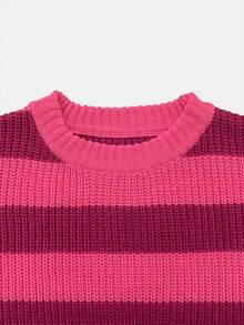 Round Neck Solid Color Contrast Striped Regular Casual Knit Pullover Top