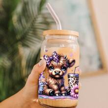 4pcs Cute Highland Cow UV DTF Cup Wraps, Waterproof Transfer Stickers DIY For Glass 160z Glass Cups&Bottles Wraps, Fashion Women Decals DIY Crafts - Multicolor - View 8