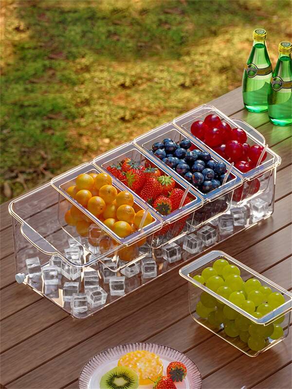 5/11/12pcs, Multi-Functional Containers,5 Covered Containers With Tongs And Forks, Chilled 5-Compartment Condiment Server Box,5 Covered Condiment Trays, Suitable For Fruit And Salad Parties, Refrigerated Service