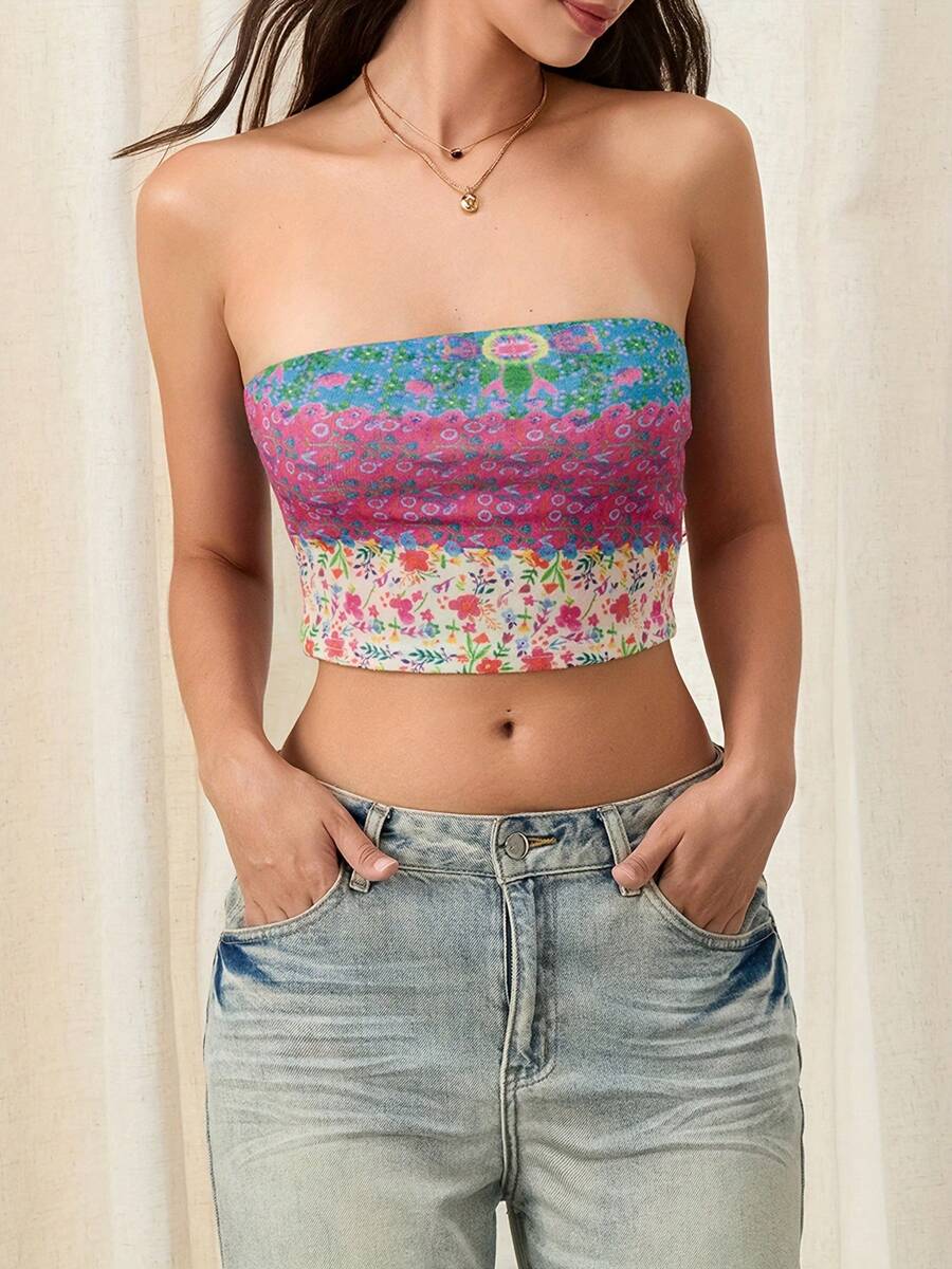 Women's Summer Slim Tube Tops Sleeveless Off Shoulder Floral/Pattern Print Bandeau