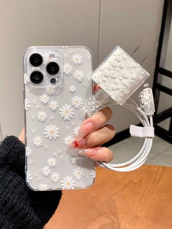 雏菊图案透明保护手机壳和充电线保护套套装：包括手机壳、充电线套、绕线器充电器保护套