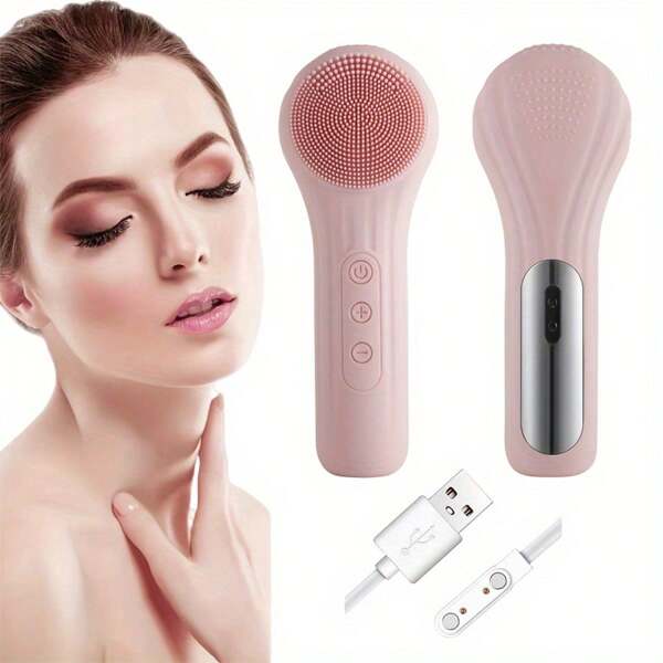 1pc Silicone Cleansing Brush - Electric Facial Cleaning Brush With Soft Silicone Bristles, Continuous Heating Vibration Massage For Deep Pore Cleansing, Exfoliation And Blackhead Removal, Suitable For Both Men And Women
