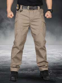 Pantalones tácticos de color liso para hombre, pantalones multibolsillos con cremallera para hombre, para trabajar, viajar, pasear, ir al gimnasio, correr y para el día a día. - Caqui - Ver 1
