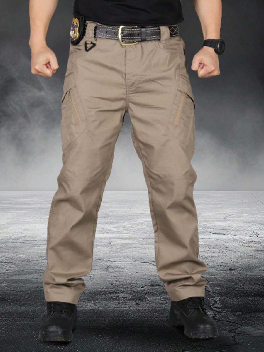 Pantalones tácticos de color liso para hombre, pantalones multibolsillos con cremallera para hombre, para trabajar, viajar, pasear, ir al gimnasio, correr y para el día a día. - Caqui - Ver 1