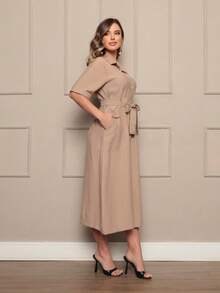 Dress Simple Casual Elegant Party With Belt Button - Khaki - View 5