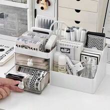 1个三层塑料桌面收纳盒，带抽屉，适用于办公用品、化妆品、化妆刷、指甲油和香水收纳，返校季必备，可作铅笔盒、铅笔袋、书包、文具盒等。