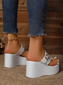 Sandálias de Plataforma e Cunha Decoradas com Tanga Multicolorida, Moda de Verão Feminina, Casual, Confortáveis para Férias, Combina com Vestido ou Calça, Clássicas, Bico Aberto, Respiráveis, em Couro PU