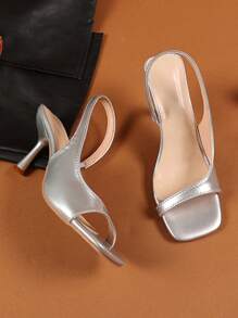 1 Pair Silver Plus Size Holographic Teenager Girl Party High Heel Sandals, Square Toe Elastic Strap Stiletto Wedge Pumps, Suitable For Casual, Gathering, Travel, Spring/Summer