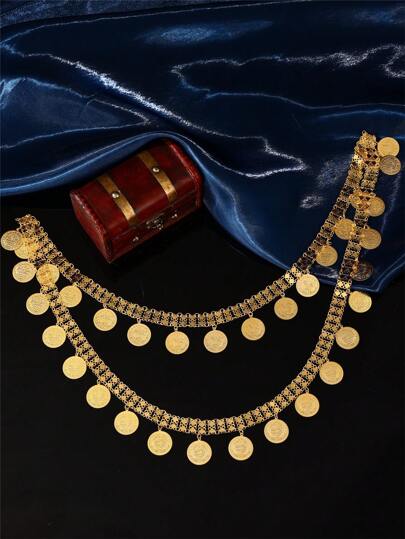 1 pieza Túnica larga al estilo árabe para mujer con cadena manual grabada de un solo hombro, decoración con colgante de moneda y patrón grabado otomano, regalo de joyería de vestimenta tradicional turca para festival/ceremonia de mujeres