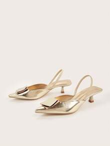 Women's 2025 New Fashion Metallic Buckle Elegant Pointed Toe Slingback High Heels, Elegant, Women Pumps, Elegant, Kitten Heels, Party Outfits - Gold - View 3