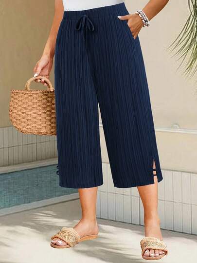 Plus Size Elegant Women 3/4 Pants - With Pleats, Stripes, Straight Cut Design, Side Slit, Machine Washable, Comfortable Fit - Suitable For Daily Fashion