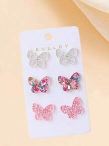 3 Pairs Fashion Sweet Style Butterfly Earrings, Shiny Bow Stud Earring Sets