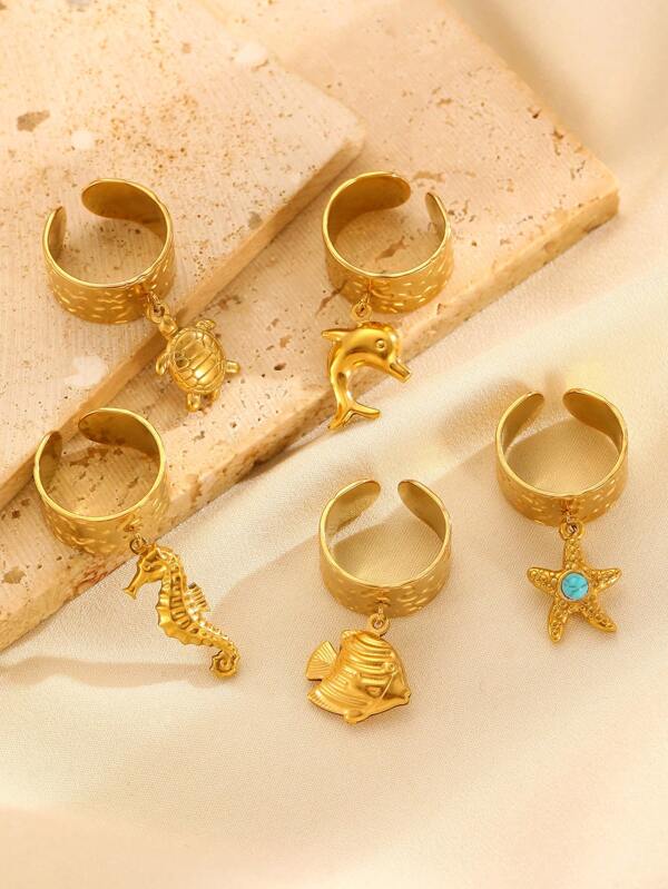 1 szt. Modny letni motyw oceaniczny Rozgwiazda, delfin, żółw, konik morski, ryba Stal nierdzewna Regulowany pierścień, odpowiedni na plażę, wakacje, imprezę