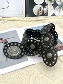 1pc Bohemian PU Leather Concho Cinch Waist Metal Studded Decor Belt, Versatile Accessory For Skirts, Pants, Suitable For Western Cowgirl, Y2K, Punk Style
