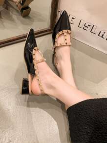 Zapatos con tacón ancho de 3,5 cm, contraste de color, estilo básico preppy, calles, punk, de piel de PU con remaches, adecuados para uso al aire libre en primavera y otoño