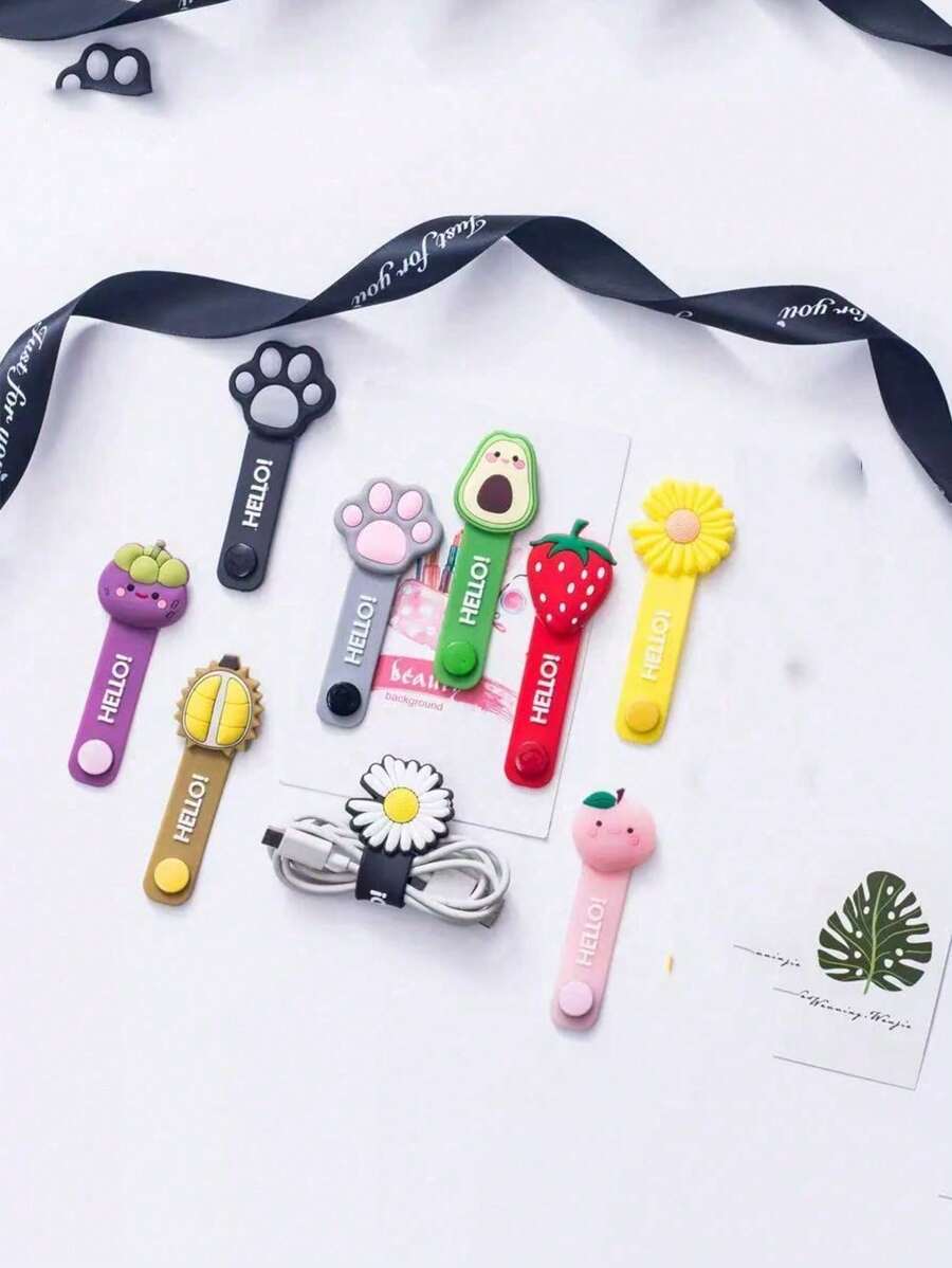 Cartoon Cute Silicone Cable Ties, Data Organizer Card Clips, Earphone, Charging Cable Winder, Anti-Tangle Creative Cartoon Fruit Cable Holder, Student/Office Use