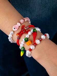 4 件套夏季波西米亚风人造珍珠串珠手链/手工玻璃龙虾、辣椒、水果吊饰手链/波西米亚风格女士珠宝（由于手工制作，配饰的颜色和形状可能略有不同） - 彩色 - 查看 1