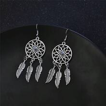 1 Pair Turquoise Leaf Pendant Earrings, Vintage Silver Turquoise Feather Dreamcatcher Pendant Necklace, Family Friend Gift, Metal