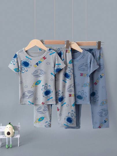 4pcs Boys' Cartoon Astronaut Printed Short Sleeve Sleepwear Set - Lightweight T-Shirt & Pants, Spring/Summer