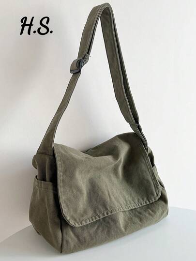 Vintage Minimalist Flap Crossbody Bag, Thick Washed Canvas Bag, Casual Versatile Large Capacity Messenger Bag, American Style For College Student, Short Trip, Simple Street Cloth Bag