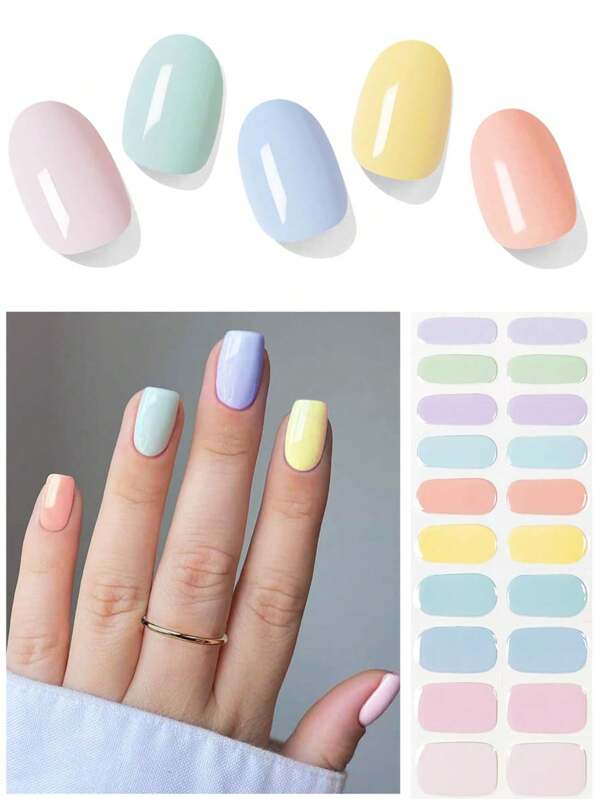 Halb getrockente Gel-Nagelstreifen (Farbige Sonneneinstrahlung), Macarons, 20 Gel-Nagel-Aufkleber, Aufkleber, UV-Belichtung nötig, Salonqualität, langanhaltend