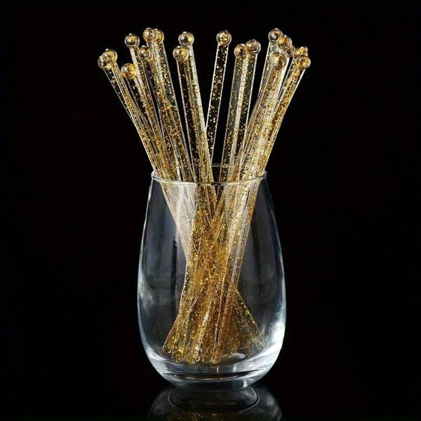 200/100/50/20/10pcs Elegant Gold Glitter Swizzle Sticks, Transparent Crystal Cocktail Drink Mixer - Ideal For Cocktails, Desserts And Coffee - Perfect For Christmas, Wedding, Birthday Occasions - 7.24" Plastic Stirrers, Valentine's Day Gift, Party, Anniversary