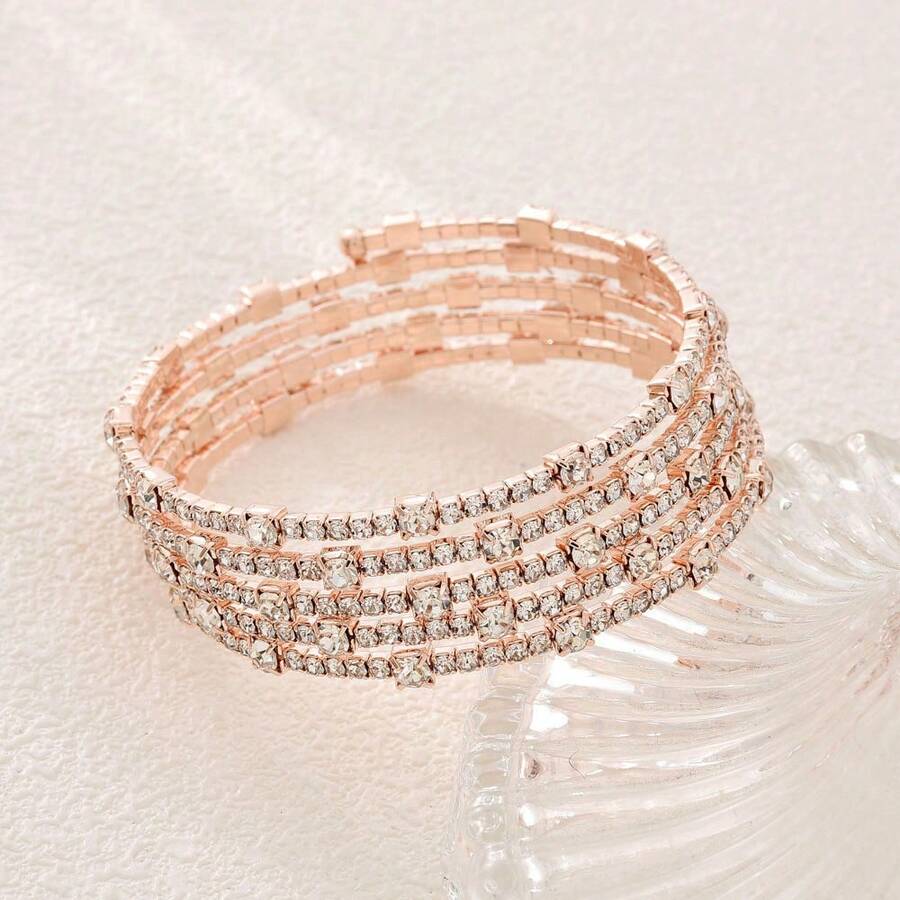 Fashionable 5 Row Gold-Color Crystal Studded Open Cuff Bracelet Multi-Layer Twist Bangle - Gold - View 1