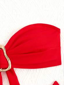 Conjunto de Bikini Bandeau Plisado de unicolor para Mujer, Vacaciones, Playa, Verano - Rojo - Ver 6