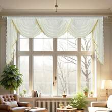 1pc Rod-Pocket Floral Embroidered Valance Panel With Tassels - Fits Any Curtain Rod, No Hardware Included
