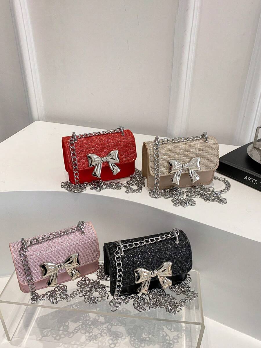 1pc Pu 时尚甜美春季简约西式斜挎包简约时尚通勤小方包韩版时尚包包，搭配西式蝴蝶装饰，时尚链条肩带，百搭休闲高颜值包包，适合外出、户外、日常使用，是送给朋友的完美礼物