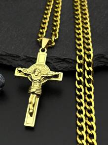 Collar de acero inoxidable con colgante de cruz de Jesús dorado/plateado con el emblema de San Benito para hombres