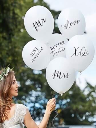 7 件白色婚礼印花气球套装配有十米长的丝带，厚实的白色乳胶气球非常适合用于婚礼、求婚、新娘送礼会、订婚、情人节、周年纪念房间装饰和外出装饰。