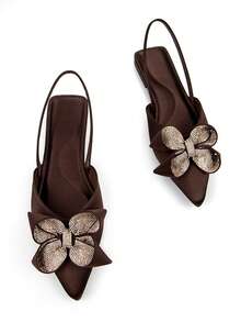 Sandalias planas de punta fina con decoración de flor y lazo de circonita cúbica, de material de licra color marrón chocolate, elegantes para mujer en otoño/invierno, cómodas para uso diario y fiestas - Marrón Chocolate - Ver 3